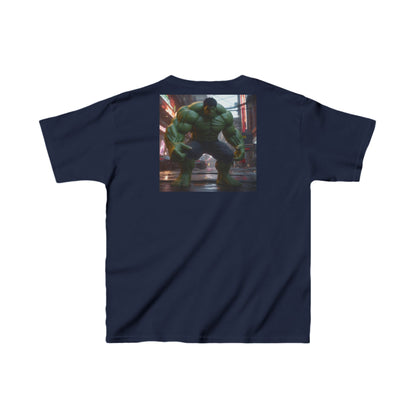 Kids Heavy-Duty Hulk Graphic Tee in elegant navy, featuring a grand Hulk graphic on the back and 'HULK' emblem on the front.