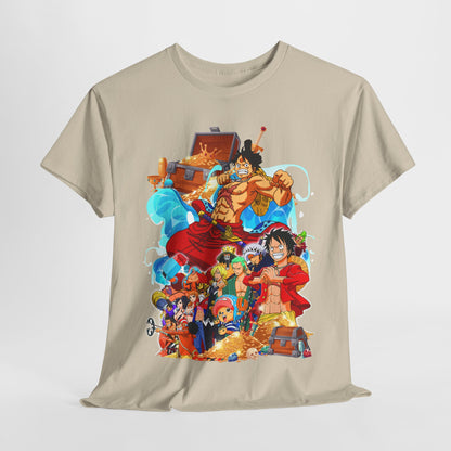 Beautifully presented beige men's t-shirt with a captivating anime design, blending artistic flair with everyday elegance.