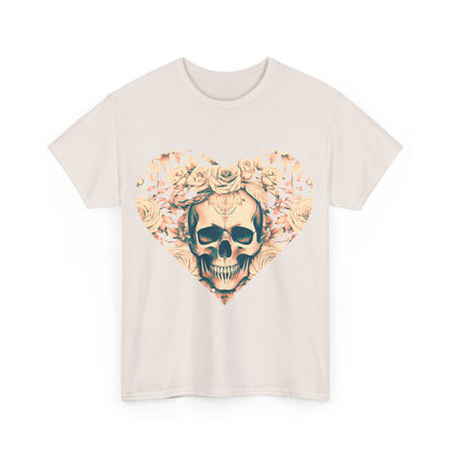 Close-up view of the Skulls and Roses graphic print on a Cotton Tee, featuring intricate skull and rose artwork on a cream background.