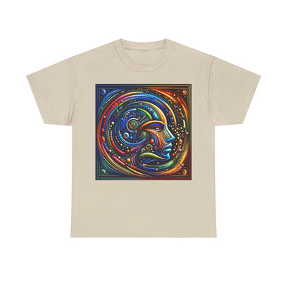 Stained Glass Dreams Unisex T-Shirt in a soft beige tone displaying exquisite abstract art of a human face, a statement piece for elegant expression.