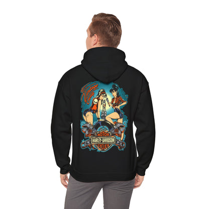 Elegant black vintage hoodie featuring a striking back print of two pin-up women alongside a motorcycle engine, encapsulating retro charm and style.