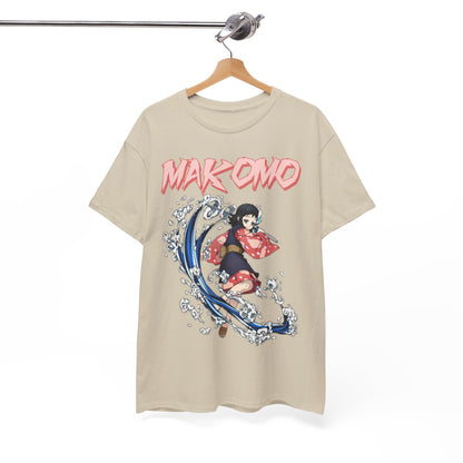 Luxurious Makomo Anime T-shirt displayed hanging on a wooden hanger, featuring a dynamic water splash art illustration in vibrant colours, perfect for anime enthusiasts looking for a stylish and unique wardrobe addition.
