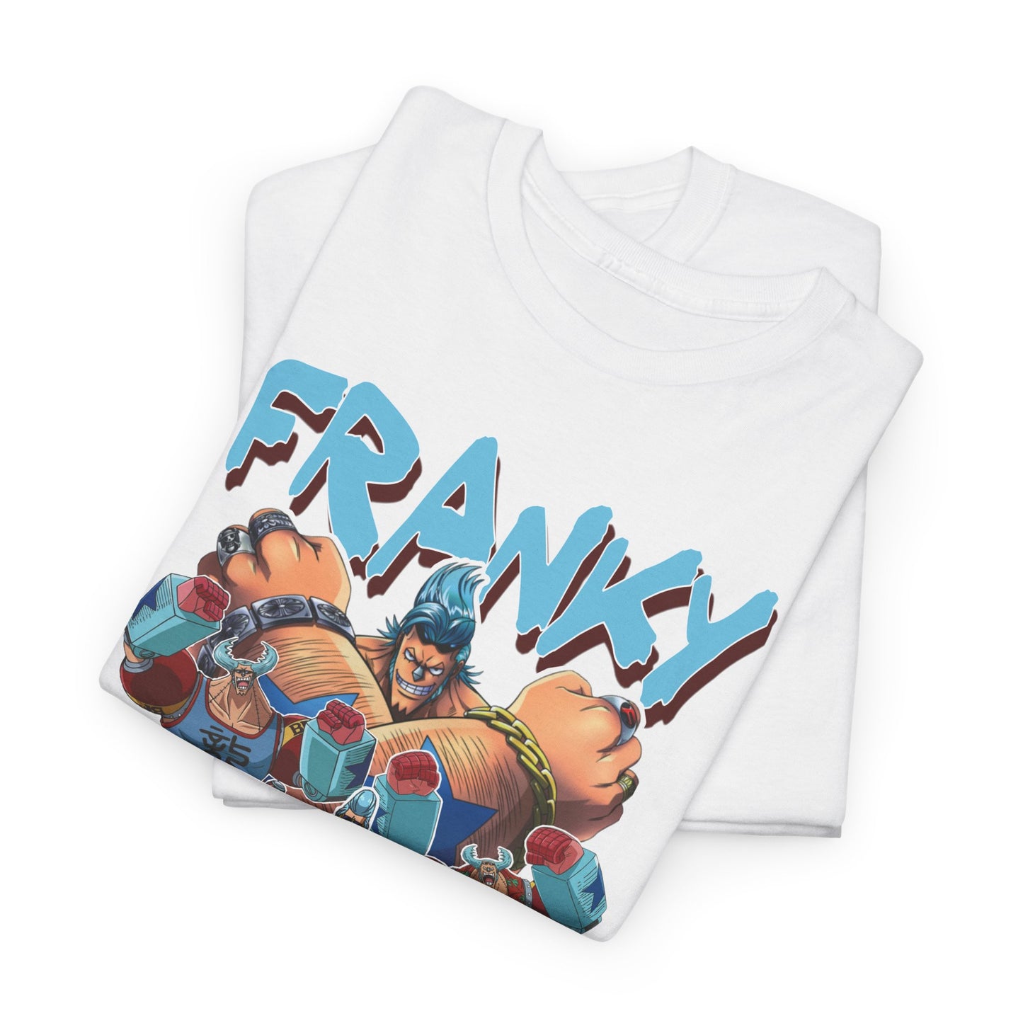 Close-up of the folded Franky & Crew T-Shirt in white, featuring bright and bold anime artwork, exemplifying superior quality and stylish design.