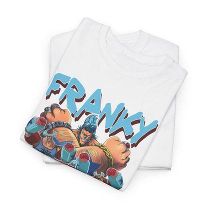 Close-up of the folded Franky & Crew T-Shirt in white, featuring bright and bold anime artwork, exemplifying superior quality and stylish design.