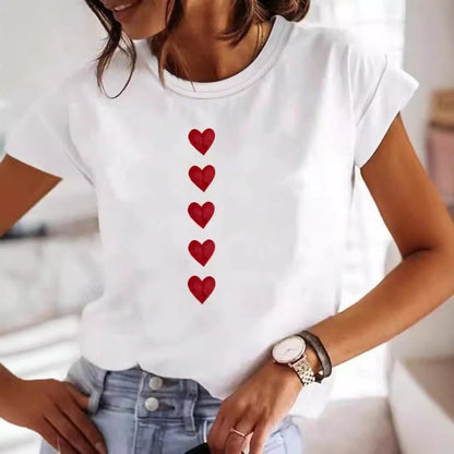 Luxurious Heart Print Plus Size T-Shirt displayed on model, featuring a chic white fabric with a stylish red heart design, perfect for casual street fashion.