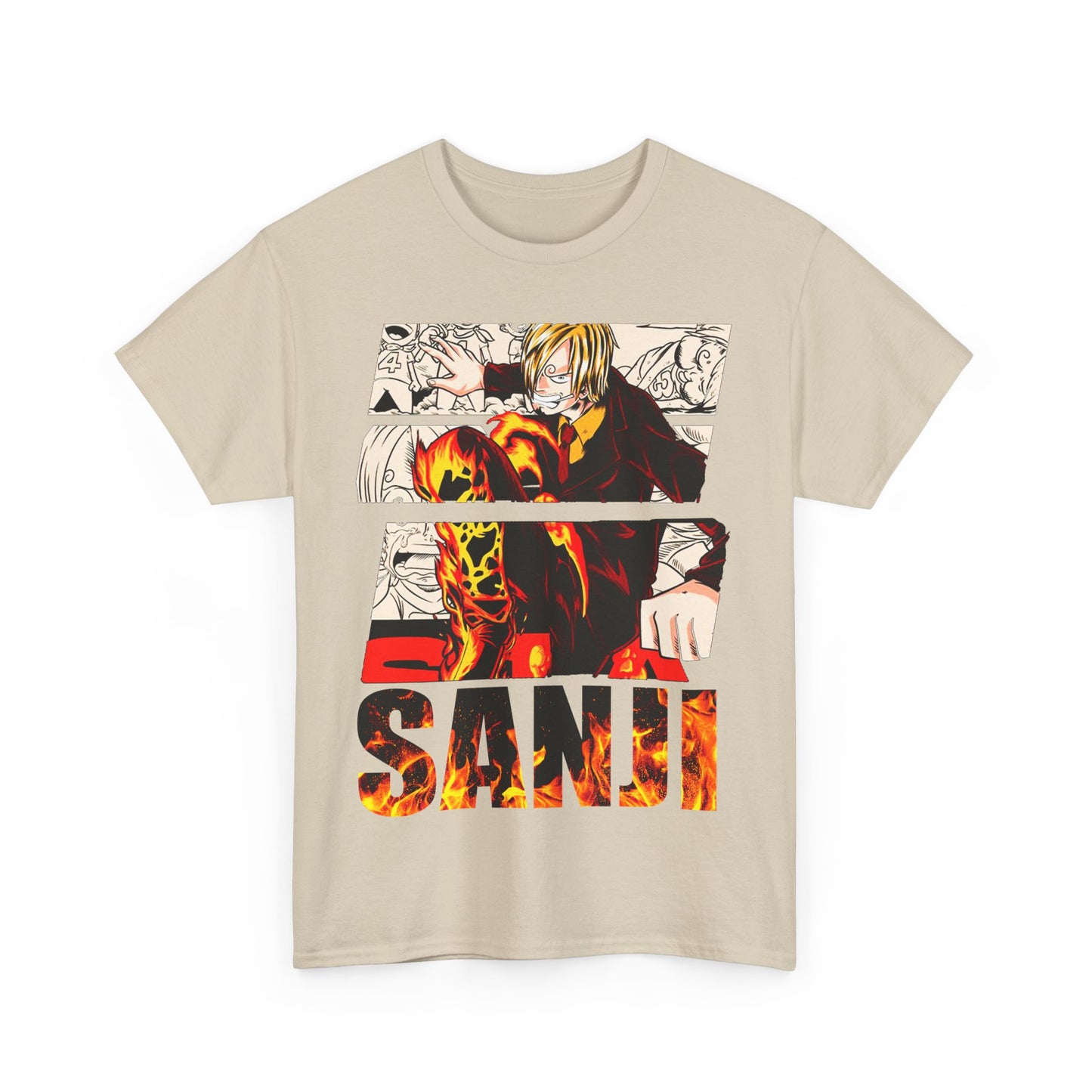 Stunning beige t-shirt design featuring vibrant artwork of Sanji from anime, highlighted by fiery graphics and bold typography.