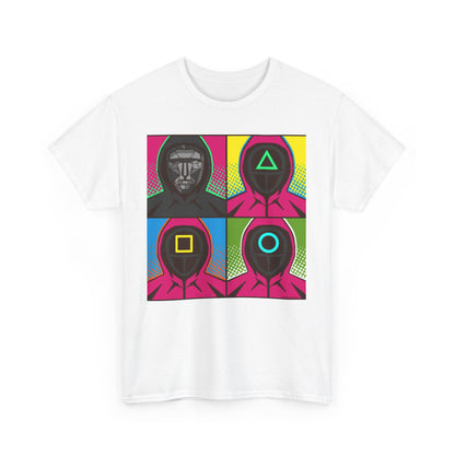 Squid Game Pop Art Unisex Men´s Women´s Graphic Cotton Funny T Shirt Tee featuring vibrant designs of iconic masked guards in a comic-style grid with neon hues.