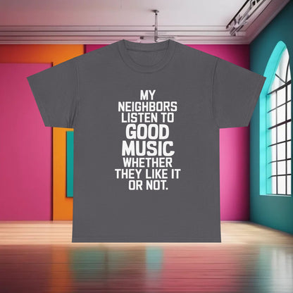 Good Music Ac Dc Graphic T-Shirt Urban Unisex Cotton Tee displayed in a chic setting with vibrant pink and teal wall colours, featuring the text 'My Neighbours Listen to Good Music Whether They Like It or Not'.