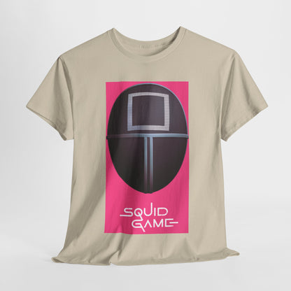 Squid Game Unisex Men’s Women’s Graphic Cotton Funny T-Shirt Tee in a luxurious beige colour featuring a striking design of a masked character from the popular series, perfect for street urban fashion.