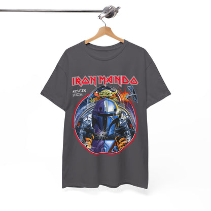 Iron Mando Graphic Tee displayed elegantly on a hanger, featuring a vibrant Mandalorian design with Grogu, perfect for Star Wars fans.