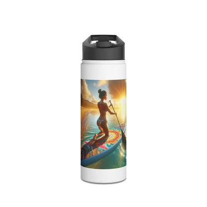 Luxury Fantasy Paddleboarding Stainless Steel Water Bottle featuring a vibrant design of a woman paddleboarding at sunset, highlighting durability and style.