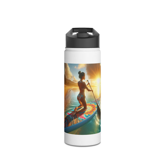 Luxury Fantasy Paddleboarding Stainless Steel Water Bottle featuring a vibrant design of a woman paddleboarding at sunset, highlighting durability and style.