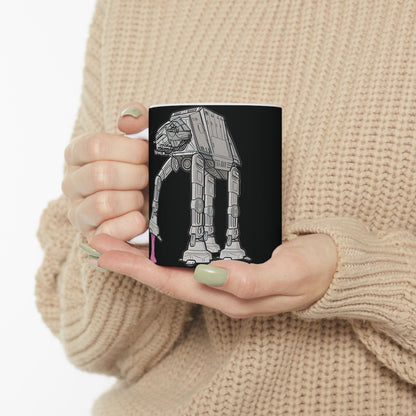 Artistic view of the Rebel Gum Star Wars Heat Changing AT-AT Coffee Mug held delicately in a hand, showcasing its unique design, ideal for those who appreciate fine collectibles and humorous pieces.