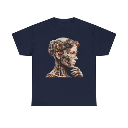 Sophisticated navy Men's T-Shirt adorned with an intricate cyborg graphic, featuring a striking female silhouette and elaborate mechanical details, perfect for modern style aficionados.