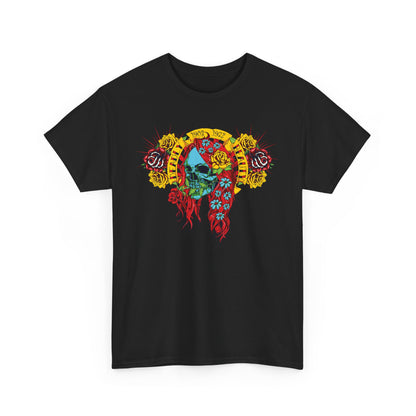 Luxurious black t-shirt adorned with a stunning skull and floral graphic, embodying art and fashion.
