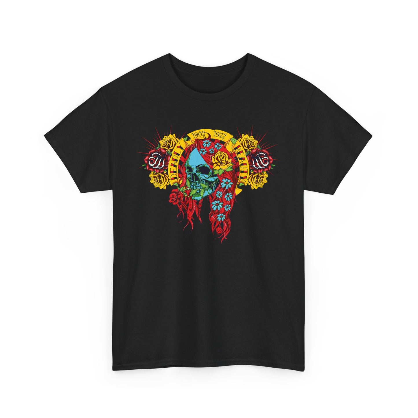 Luxury black t-shirt featuring an exquisite graphic design of a skull surrounded by vibrant red hair and floral elements, embodying the essence of deadly beauty and artistic fashion.