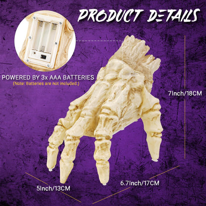 Halloween Electric Luminous Crawling Hand Animated Decoration detailing product specifications, emphasizing its battery-powered feature and realistic design.