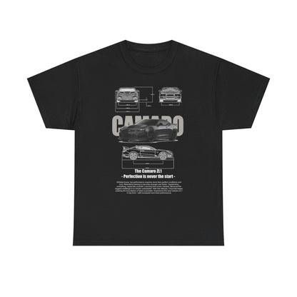 Luxury Chevy Camaro ZL1 Graphic Tee for Men, showcasing intricate technical designs and a striking illustration of the Camaro ZL1, embodying the spirit of American muscle.