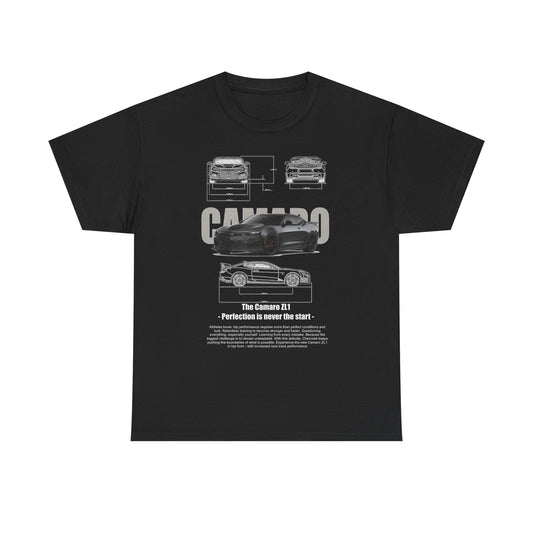 Luxury Chevy Camaro ZL1 Graphic Tee for Men, showcasing intricate technical designs and a striking illustration of the Camaro ZL1, embodying the spirit of American muscle.