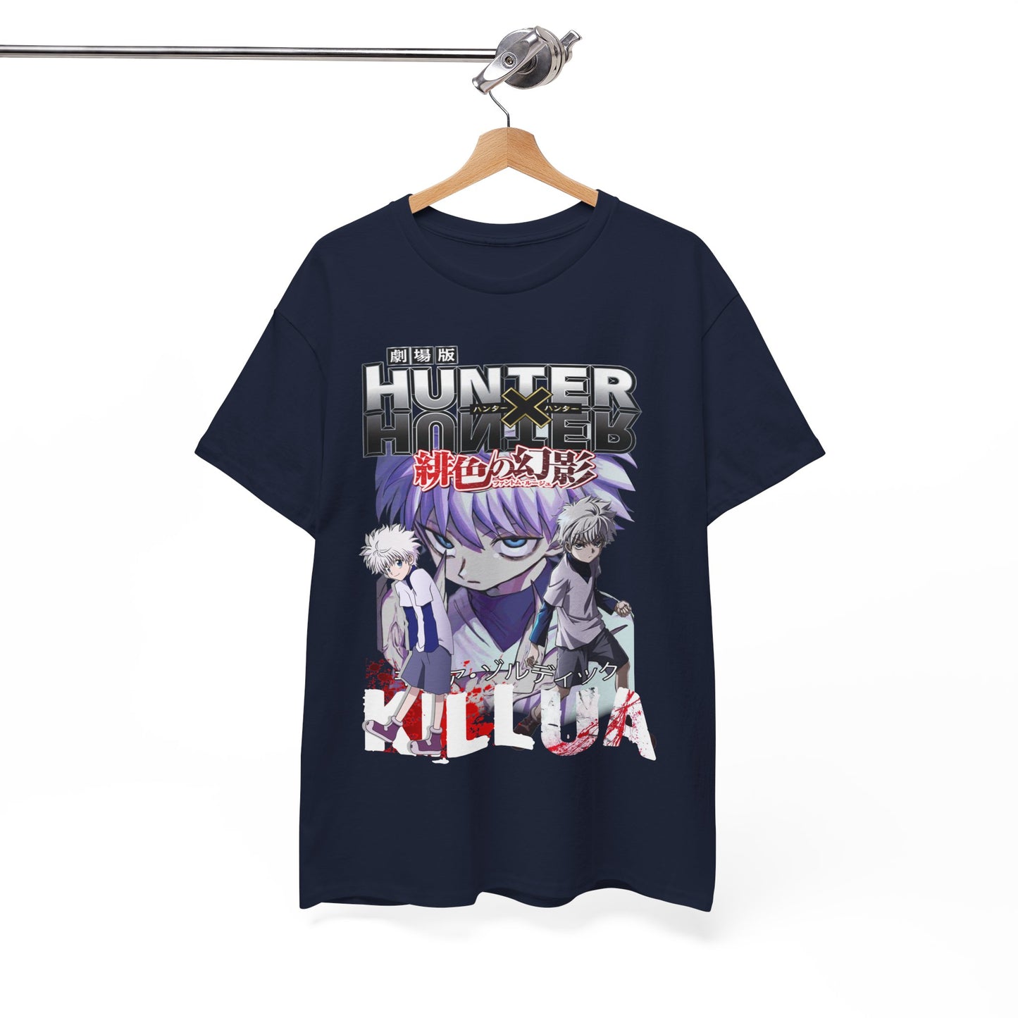 Exquisite navy blue graphic t-shirt featuring Killua and Gon from Hunter x Hunter, artistically displayed on a hanger, highlighting its stylish and unique design.