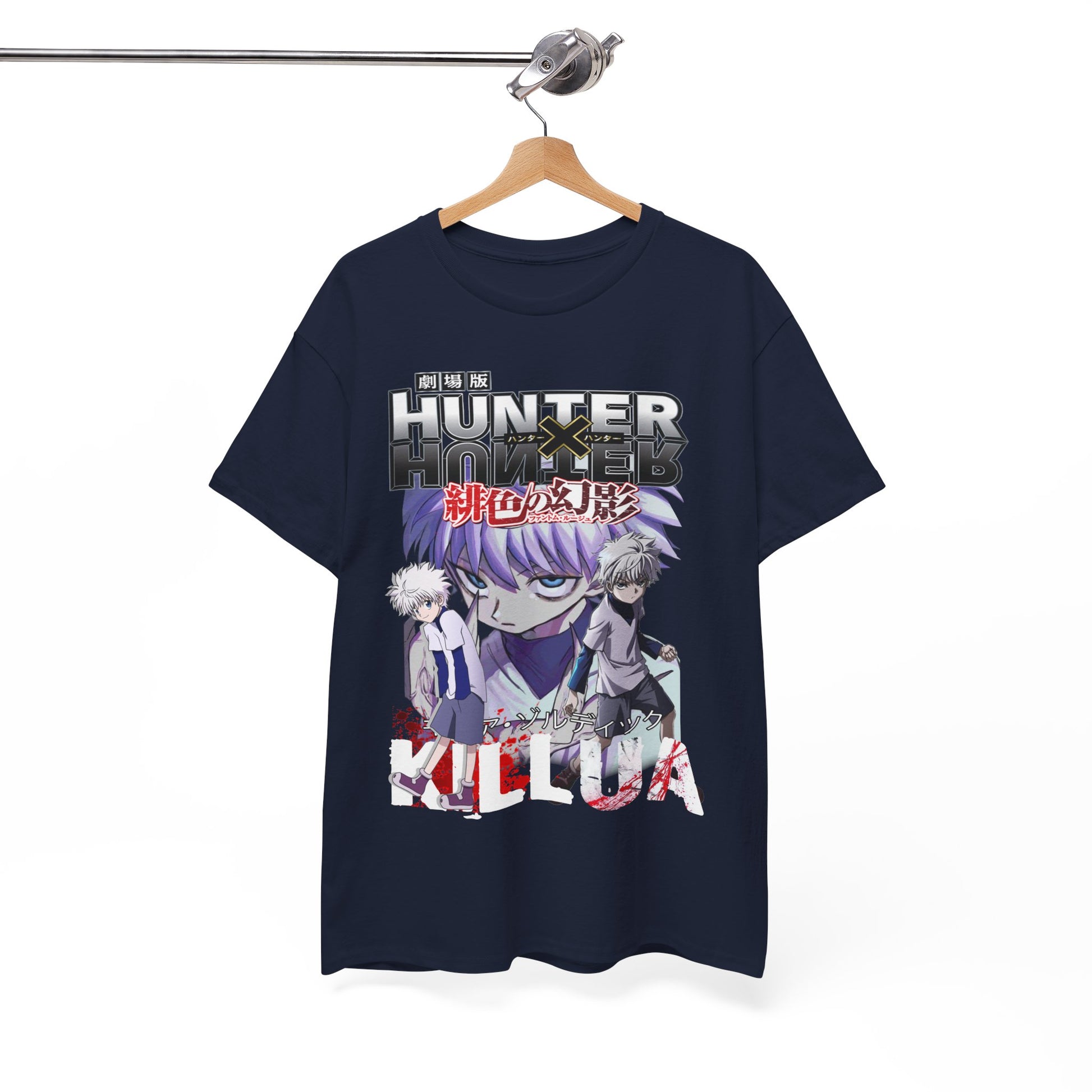 Exquisite navy blue graphic t-shirt featuring Killua and Gon from Hunter x Hunter, artistically displayed on a hanger, highlighting its stylish and unique design.