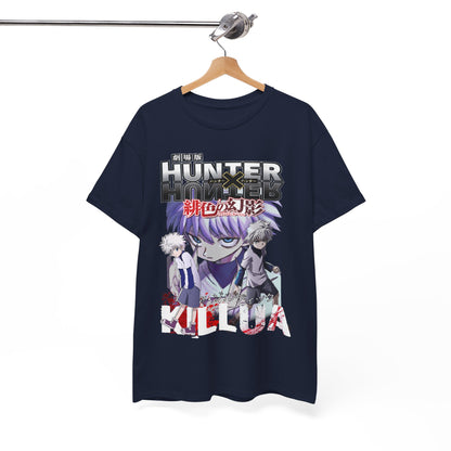 Exquisite navy blue graphic t-shirt featuring Killua and Gon from Hunter x Hunter, artistically displayed on a hanger, highlighting its stylish and unique design.