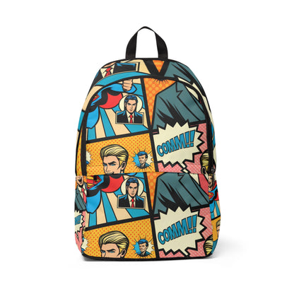 Luxury Pop Art Backpack by Dazzling Dreams Studio featuring vibrant cartoon characters and comic motifs, perfect for a contemporary fashion statement.