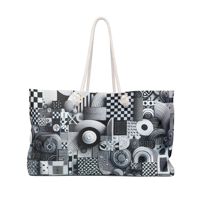 Luxurious Valentina Belleveau Contemporary Weekender Bag by Dazzling Dreams Studio featuring a chic checkerboard pattern and organic shapes on a crisp white background.