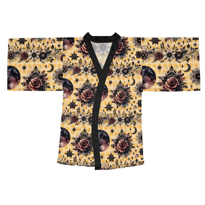 Front view of the Floral Kimono Robe, featuring intricate floral and celestial designs, ideal for chic and elegant home wear.