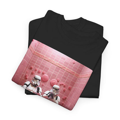 Luxury black t-shirt featuring an artistic design of Stormtroopers in a pink bathtub, surrounded by vibrant bubbles, perfect for a stylish yet humorous look.