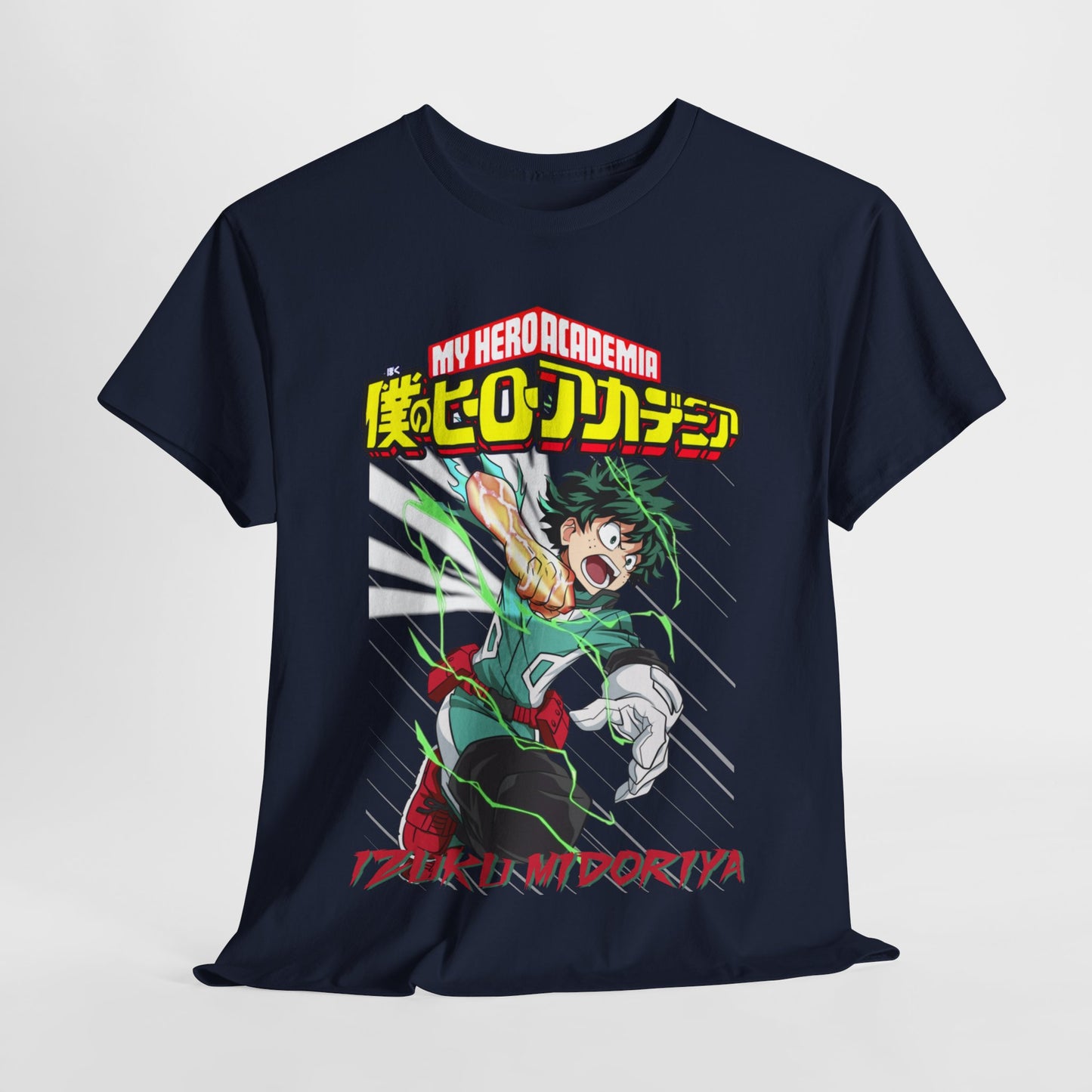 Elegant My Hero Academia T-shirt with Izuku Midoriya graphic, capturing dynamic movement and energy on a premium navy fabric.