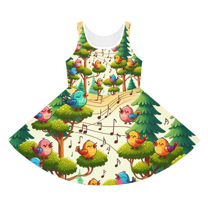 Bella Paddington Girls Sundress by Dazzling Dreams Studio showcasing a vibrant A-line design with a whimsical summer landscape print featuring cheerful birds and musical notes, perfect for stylish summer outings.