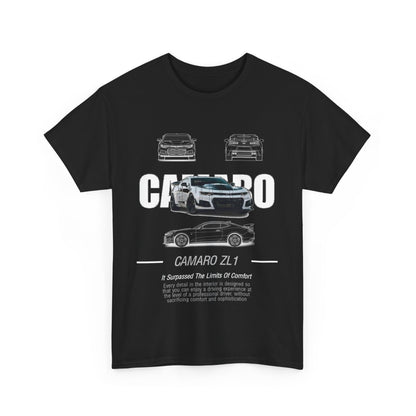 Stylish black Men's Camaro ZL1 T-Shirt featuring a sleek graphic design, perfect for auto enthusiasts seeking performance and elegance in apparel.