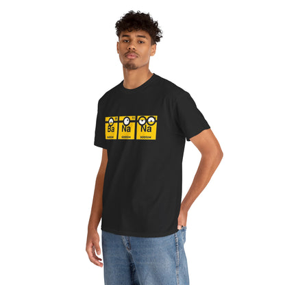 A young man wearing a Men's Funny T-Shirt with a Minions Periodic Table design Ba, Na, Na. This T-shirt perfectly blends humour and Minions charm.