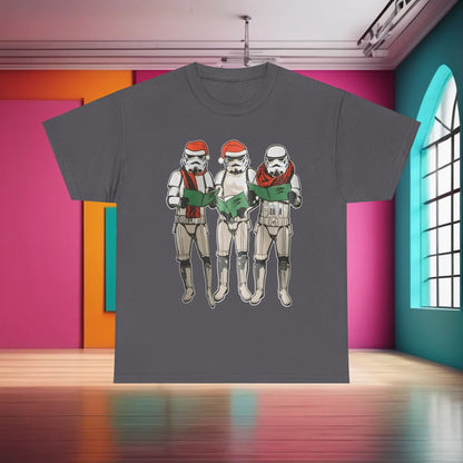 Elegant Carol Singing Stormtroopers Star Wars Graphic T-Shirt set against an artistic backdrop, highlighting the festive stormtroopers design, appealing to sophisticated fans of the franchise.