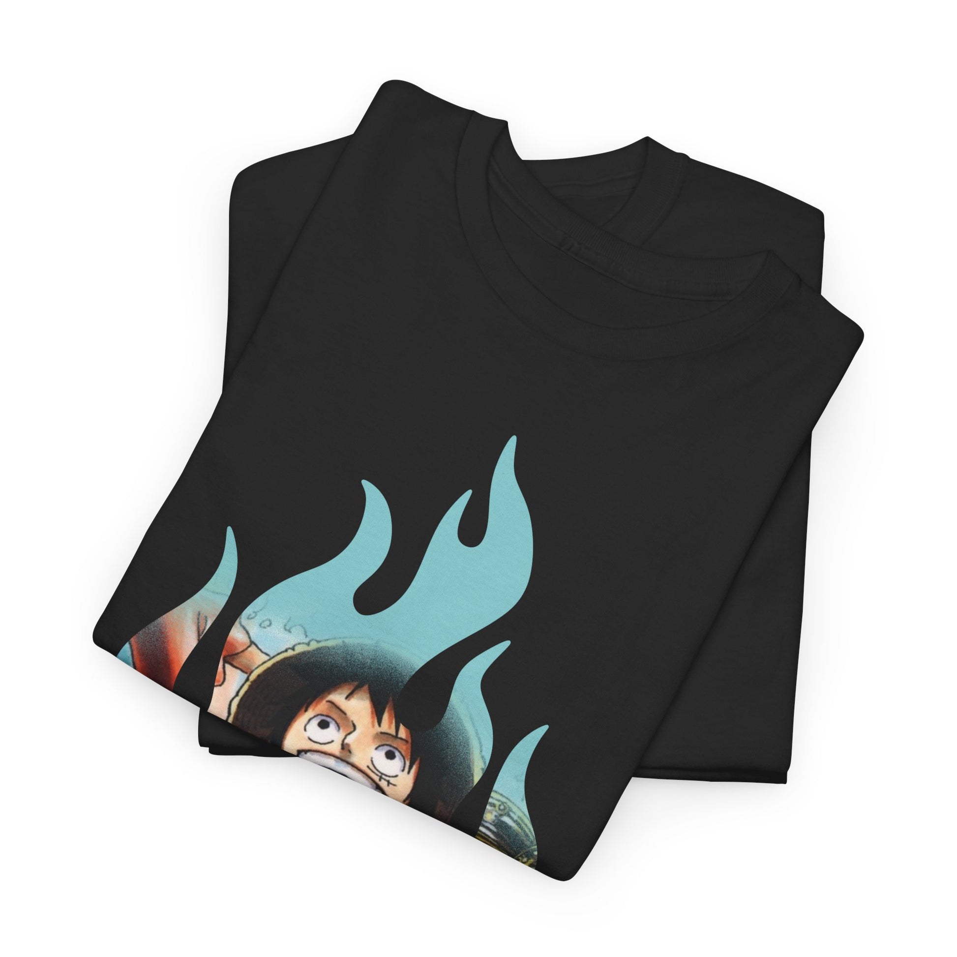 Deluxe folded black t-shirts featuring a vibrant character design with flames, showcasing comfort and style for discerning fans and collectors.