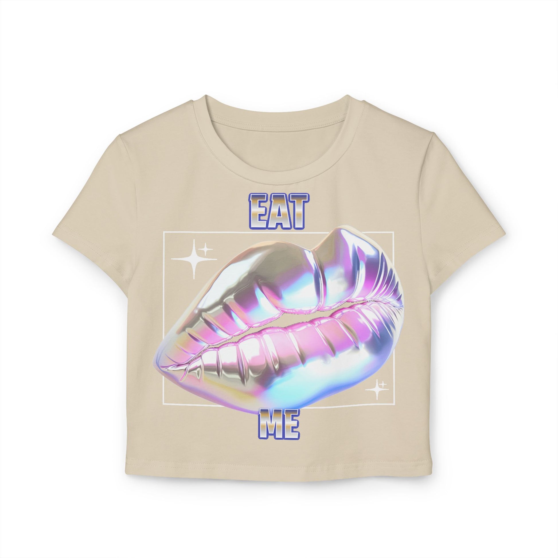 Close-up of the Cheeky Women's Cropped T-Shirt in neutral tone, highlighting the bold 'Eat Me' lips design with a shiny holographic effect.