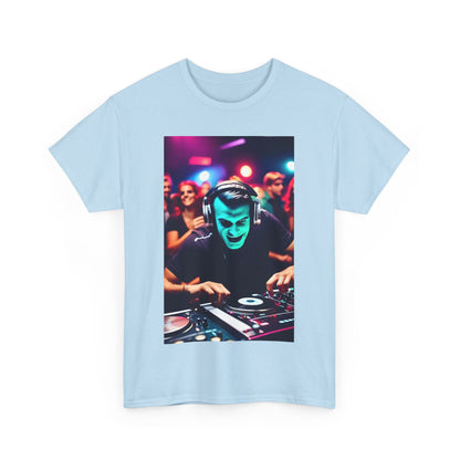 Front view of the Street Monster Graphic T-Shirt featuring a captivating graphic design, worn by a DJ in a vibrant party setting, embodying upscale urban fashion.