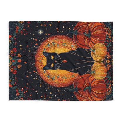 Elegant view of the Decorative and Warm Halloween Spooky Arctic Fleece Blanket displaying a striking black cat and colourful pumpkins, ideal for festive celebrations.