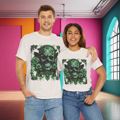 Skulls and Roses Cotton Tee worn by a model couple in a colourful indoor setting, illustrating the unique skull and rose design. This stylish unisex graphic shirt is perfect for any occasion, exuding an aura of luxury and individuality.