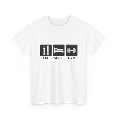 Chic white t-shirt displaying a striking graphic of black square icons for 'EAT', 'SLEEP', and 'GYM', perfect for motivated lifestyles.