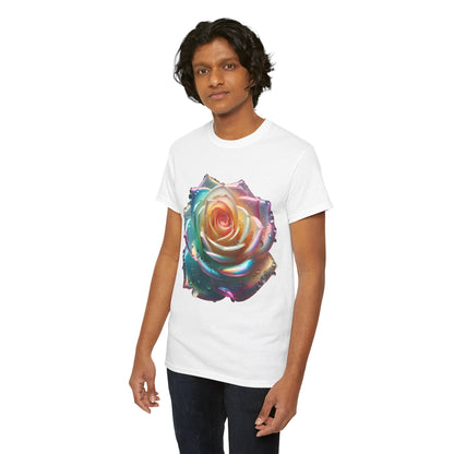 Model wearing the Ethereal Rose Unisex Cotton Tee, showcasing the intricate artistic floral design with iridescent accents on a stylish figure, perfect for a chic look.