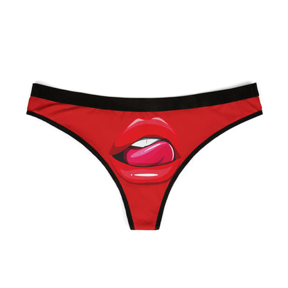 Elegant red women's thong with a striking design, showcasing a close-up of luscious lips and a suggestive pink tongue, perfect for adding a touch of luxury to intimate occasions.