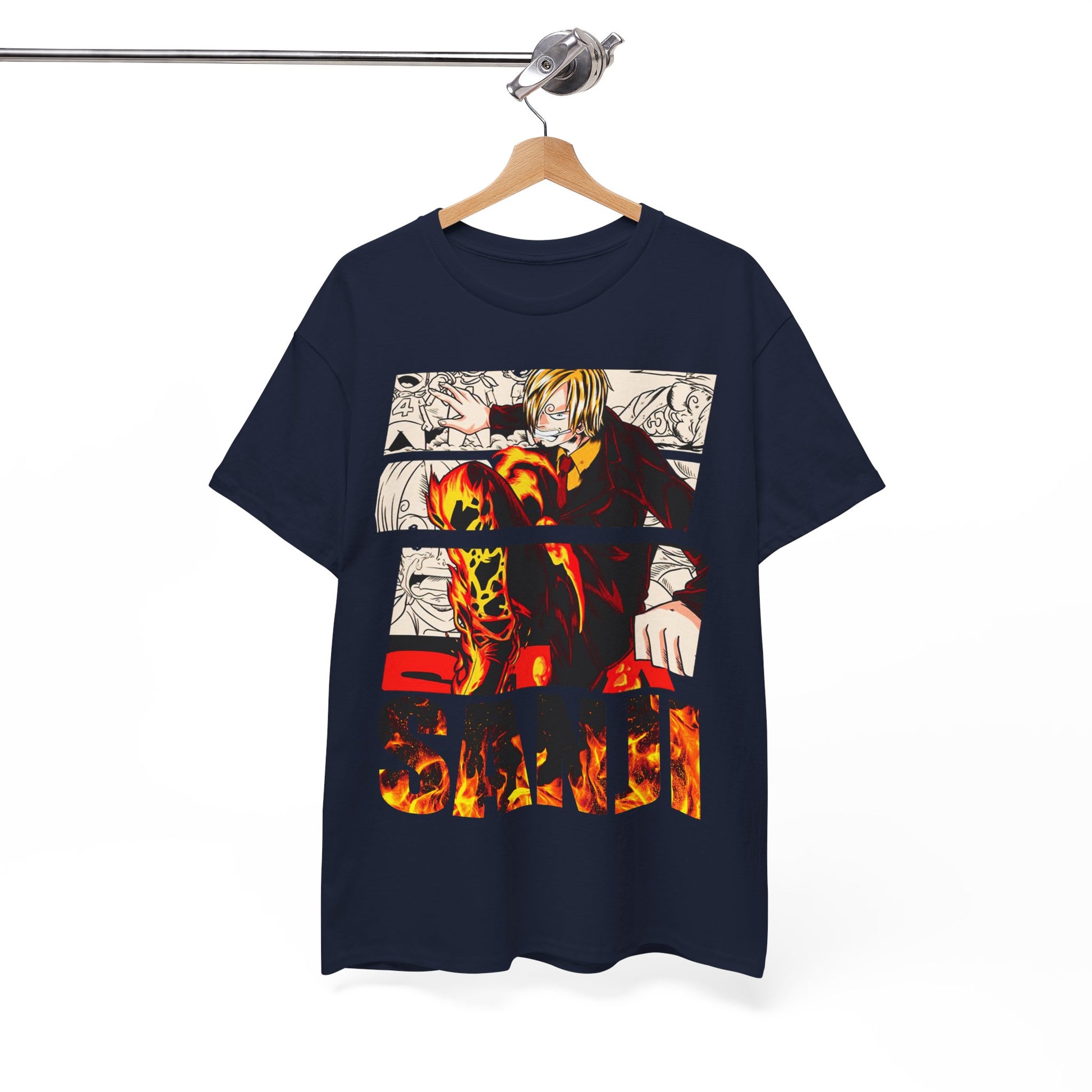 Luxury graphic tee featuring Sanji from anime, showcasing a vibrant design with flames and bold lettering on a navy background.