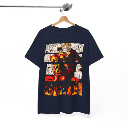 Luxury graphic tee featuring Sanji from anime, showcasing a vibrant design with flames and bold lettering on a navy background.