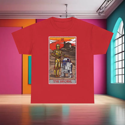 The Droids Tarot Card Graphic T-Shirt Urban Unisex Cotton Tee elegantly presented in a modern space, bright red fabric highlighting C-3PO and R2-D2 illustrations inspired by tarot card aesthetics.
