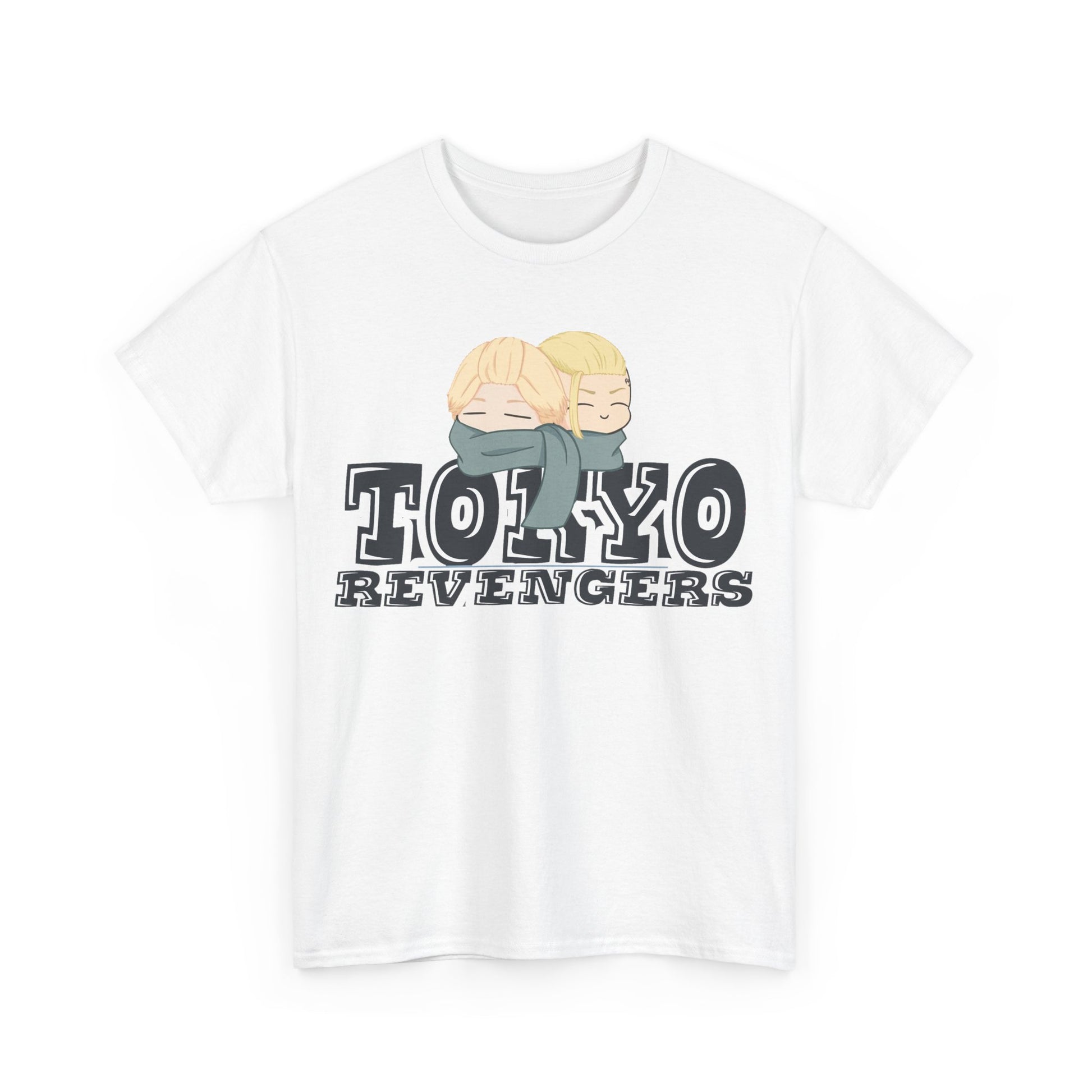 Chic white Tokyo Revengers t-shirt featuring adorable anime characters and bold lettering, representing a fusion of fandom and fashion.