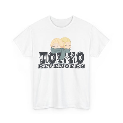 Chic white Tokyo Revengers t-shirt featuring adorable anime characters and bold lettering, representing a fusion of fandom and fashion.