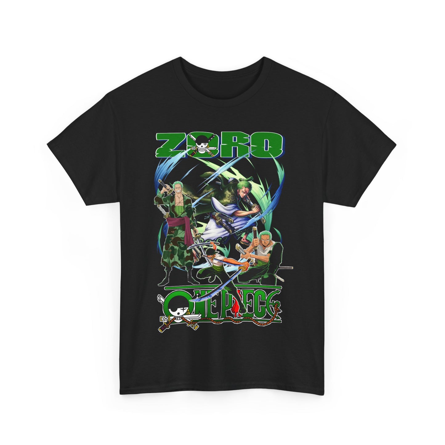 Stylish black t-shirt featuring a vibrant graphic of anime characters including Zoro, set in dynamic poses, perfect for anime enthusiasts.