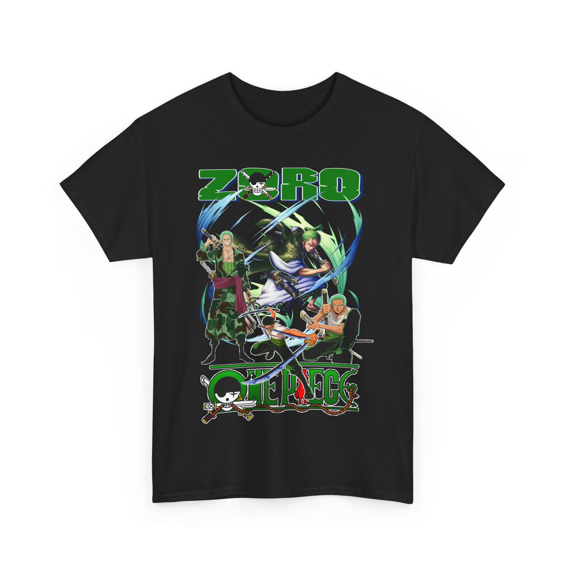 Stylish black t-shirt featuring a vibrant graphic of anime characters including Zoro, set in dynamic poses, perfect for anime enthusiasts.